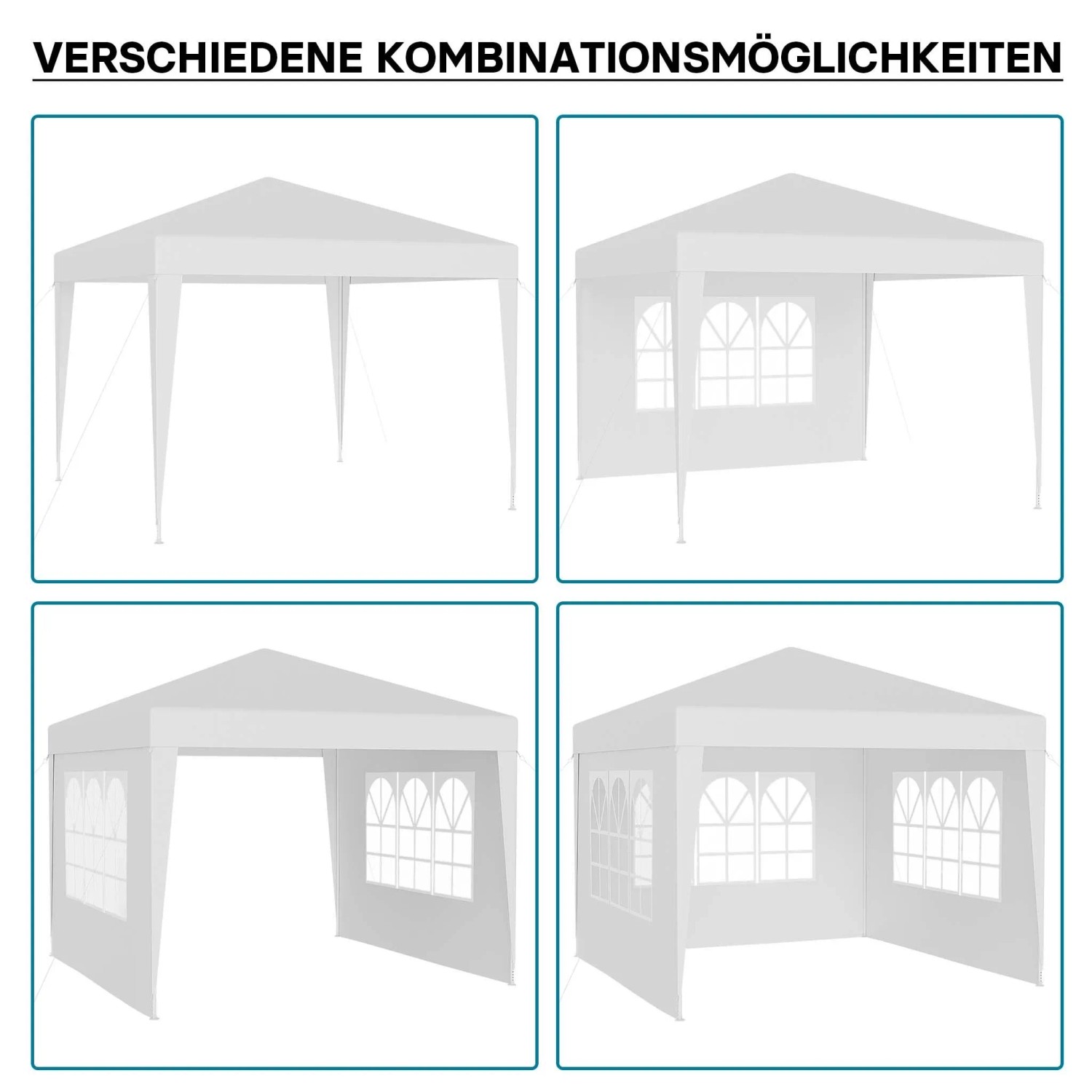 Weißer Wiltec Pavillon 3x3m mit UV-Schutz 50+ in vier Aufbauvarianten: offen, mit 1, 2 oder 3 Seitenwänden mit Fenstern.