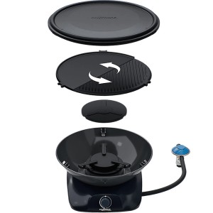 Campingaz 360° Tisch-Grill CV Anthrazit, zerlegt dargestellt. Gasgrill mit Wendeplatte, Deckel und Topfträger.