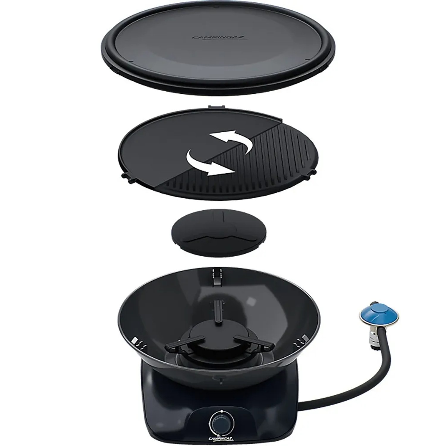 Campingaz 360° Tisch-Grill CV Anthrazit, zerlegt dargestellt. Gasgrill mit Wendeplatte, Deckel und Topfträger.