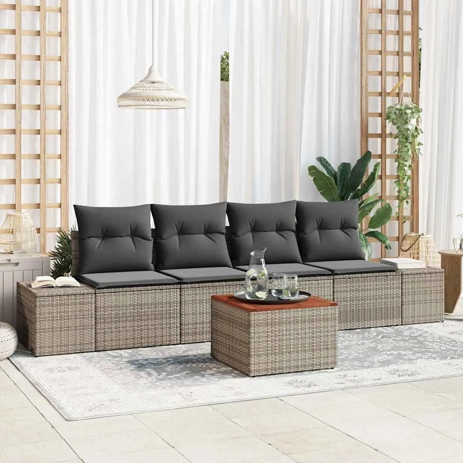 Graues 5-teiliges vidaXL Garten-Sofa-Set aus Polyrattan mit Kissen und Tisch.