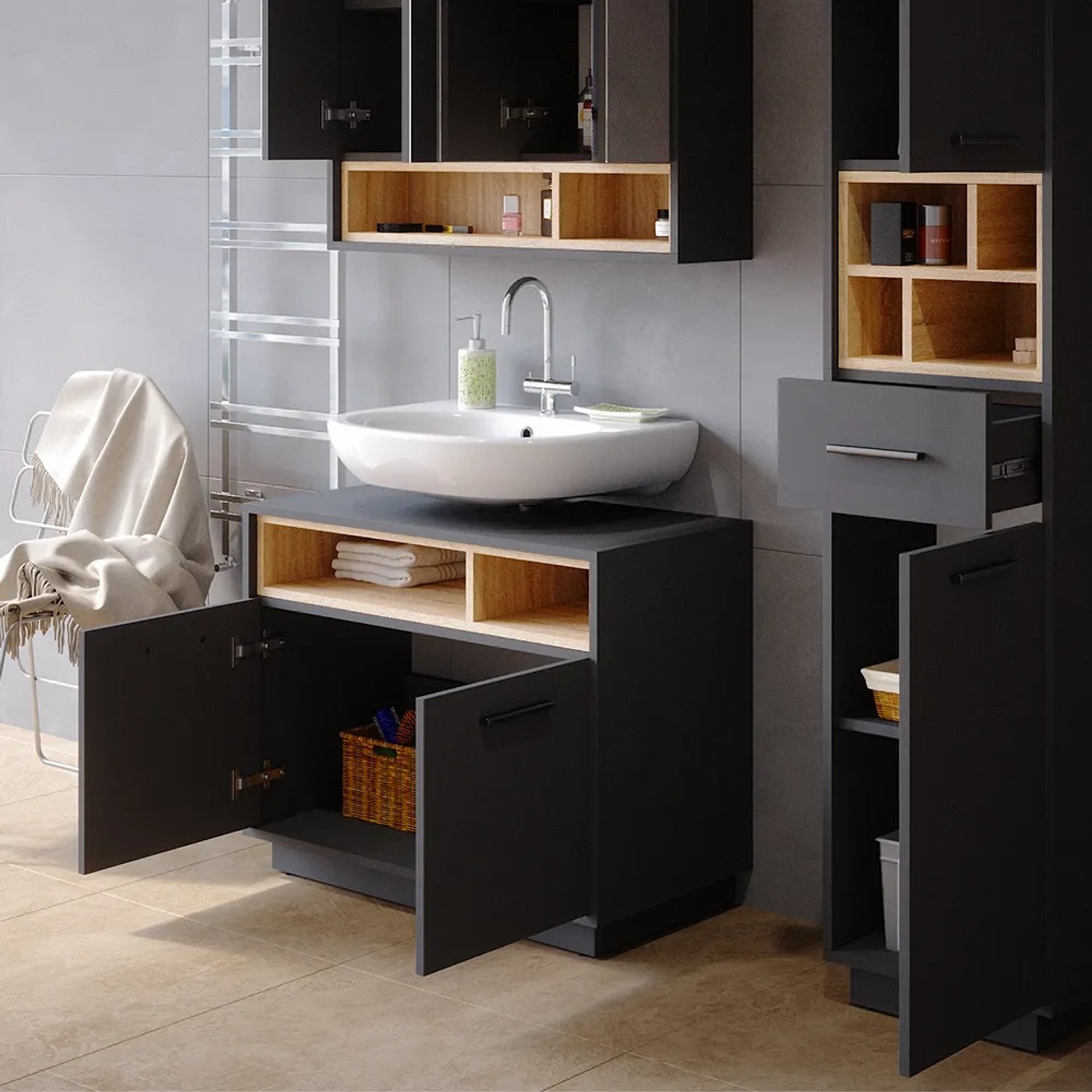 Vicco Waschbeckenunterschrank Beatrice in Anthrazit/Sonoma mit offenem Stauraum und Waschbecken.