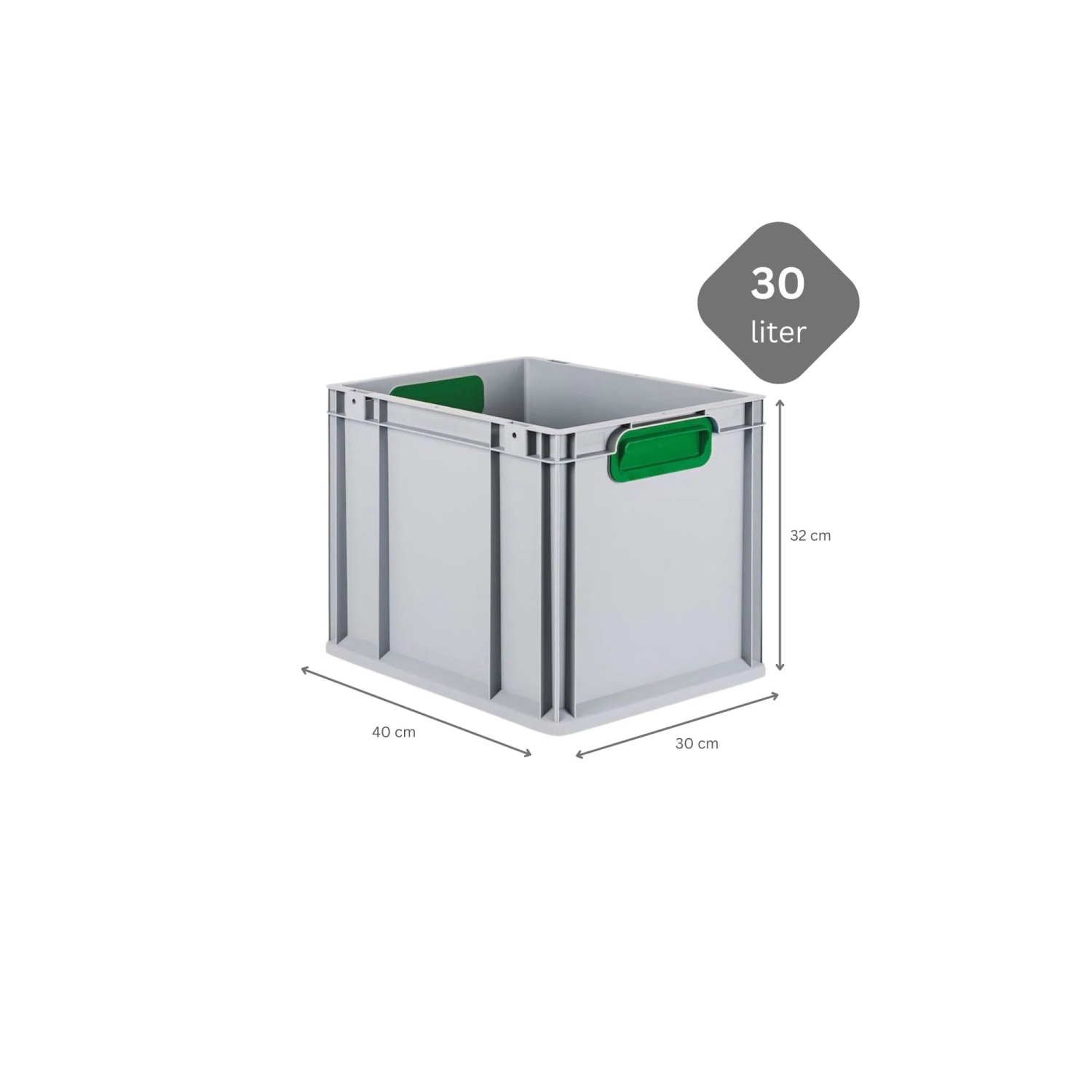 Graue PROREGAL Eurobox 30L mit grünem Griff, geschlossen, mit Deckel. Ideal zur Aufbewahrung.