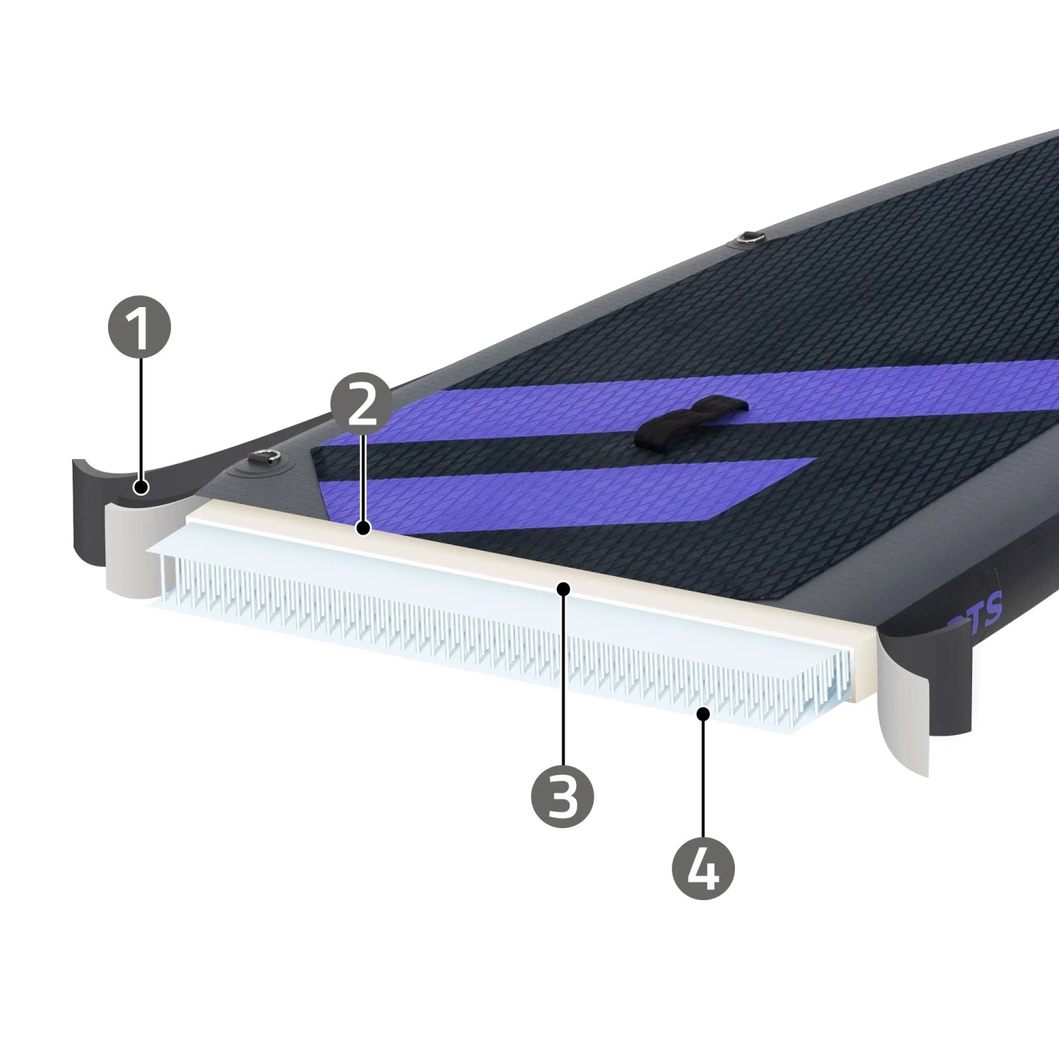 Detailaufnahme: Innenleben des schwarzen ECD Germany Stand Up Paddle Boards mit Sitz, Drop-Stitch Kern sichtbar.