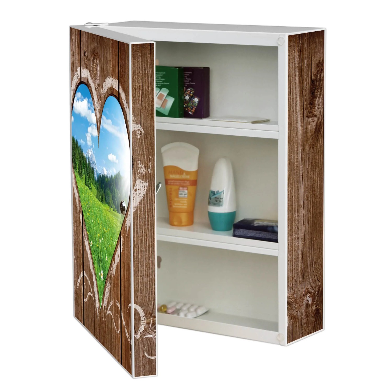 Weißer Banjado XXL Medizinschrank mit Herz-Motiv und Holzmuster, abschließbarer Arzneischrank für Bad.