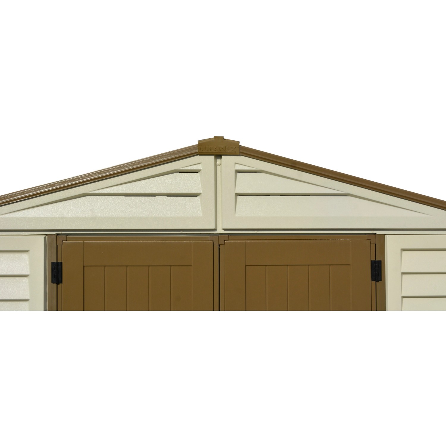 Detailansicht: Duramax WoodBridge Plus Kunststoff-Gartenhaus, 7,6 m², mit Doppeltür.