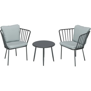 3-teiliges Balkonset Boonara in Anthrazit mit Tisch und Stühlen mit hellblauen Auflagen.