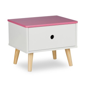 Weiß-rosa Kindernachttisch mit Schublade und Holzfüßen, 31x38x30 cm.