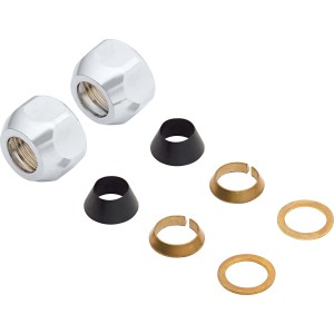 Quetschüberwurfmuttern (2 Stk.) mit Dichtungen und Einlegeringen für 10 mm Rohre.