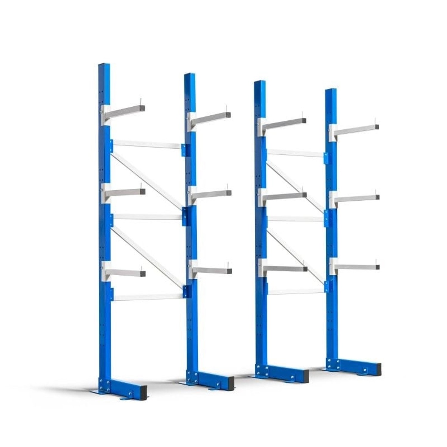 Doppelseitiges, blau-graues Kragarmregal Maximus Pro mit 4 Ebenen für mittlere Lasten.