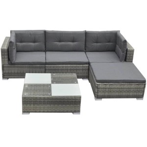 Graues 5-tlg. Garten Lounge Set aus Rattan mit Kissen und Tisch.