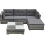 Graues 5-tlg. Garten Lounge Set aus Rattan mit Kissen und Tisch.
