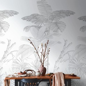 Fototapete Dschungel, schwarz-weiß, mit Palmenmotiv für Wohnraum.