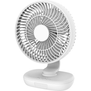 Weißer Akku-Tischventilator (Ø 20 cm) mit drei Leistungsstufen und schwenkbarem Kopf.