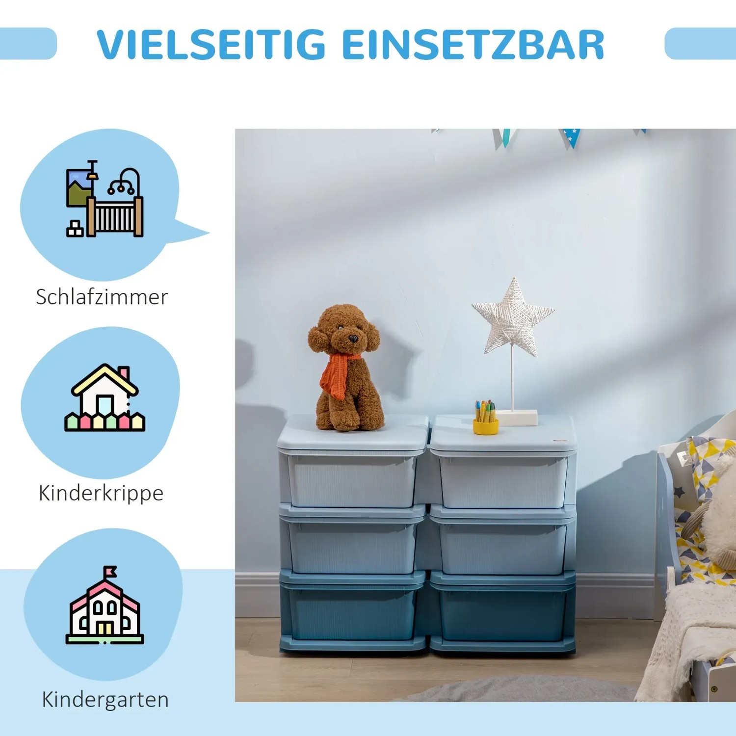 HOMCOM Schubladenschrank für Kinder mit 3 Schubladen in blau-weiß. Aufbewahrung & Ordnung im Kinderzimmer.