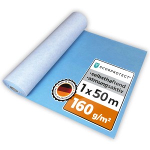 Blaue Scorprotect Abdeckvlies Rolle 1x50m, selbsthaftend und atmungsaktiv, für Renovierungsarbeiten.