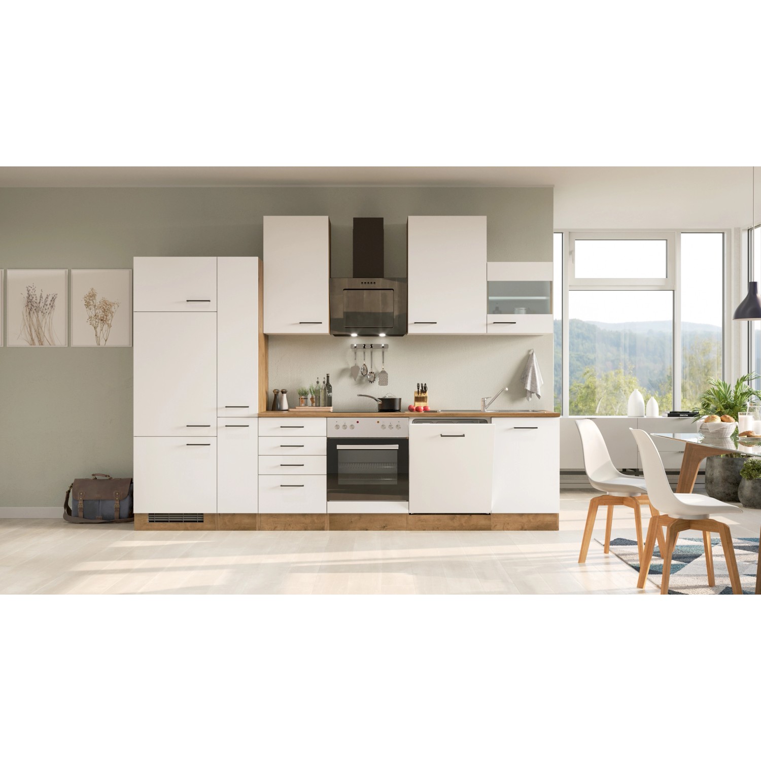 Flex-Well Exclusiv Küchenzeile/Küchenblock Vintea 310 cm Magnolia matt - Lancelot Oak