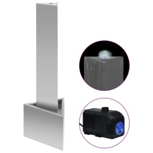 VidaXL Gartenbrunnen aus Edelstahl, silbern, mit LED-Licht und Pumpe. Dreieckige Form, 110 cm hoch.