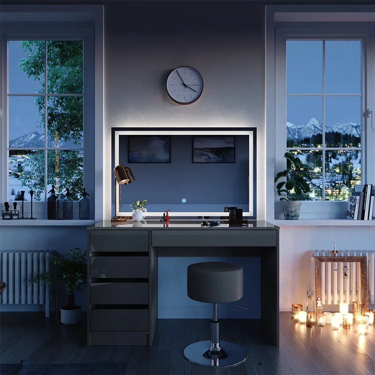 Grauer Vicco Schminktisch Sherry 120 cm mit LED-Spiegel und Hocker vor Fenster.