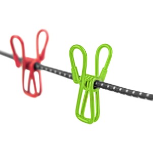 Calima Reise-Wäscheleine, dehnbar mit grüner und roter Klammer. Ideal für Camping.