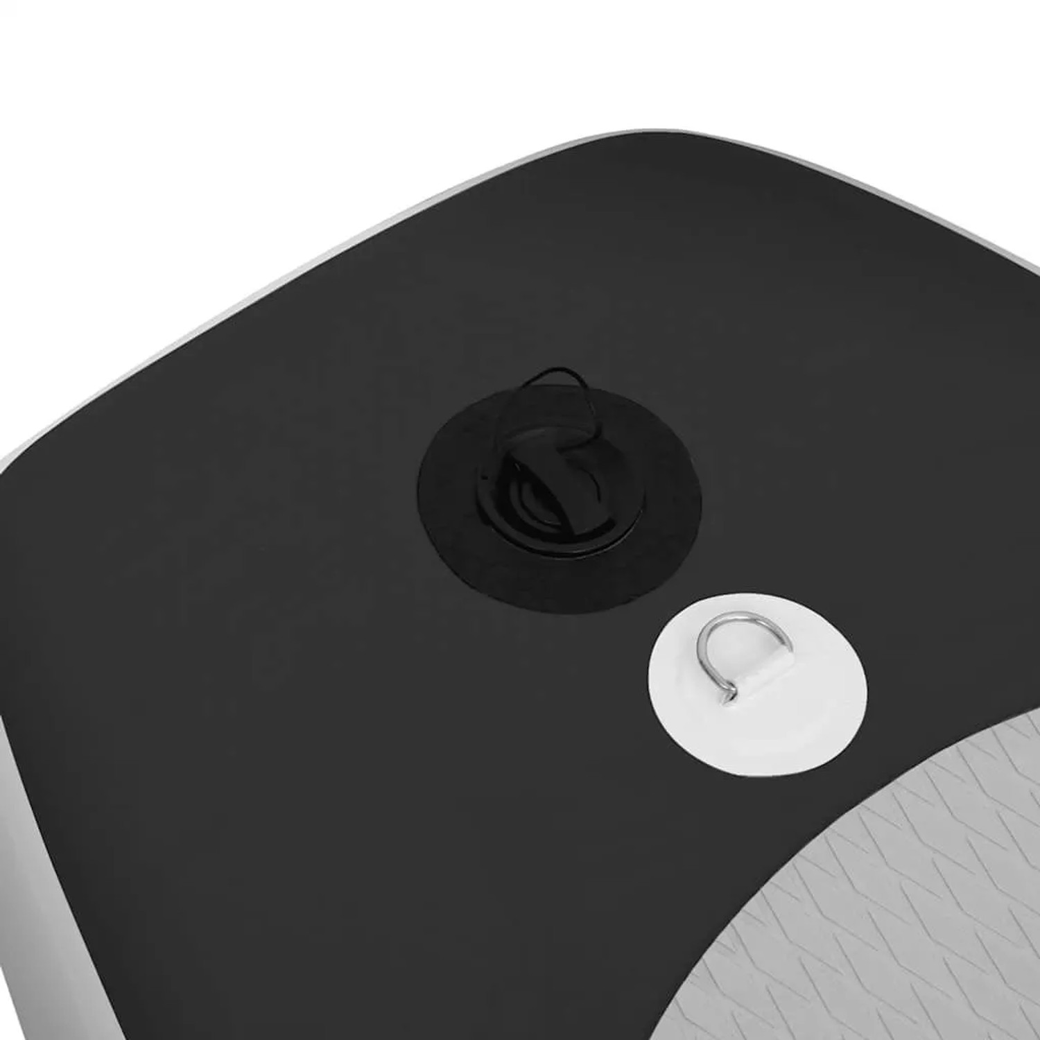 Detailaufnahme: Schwarzes, aufblasbares SUP-Board von vidaXL mit Ventil und D-Ring.