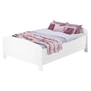 Weißes Kiefer Doppelbett 140x200 mit Rollrost und verstellbarer Einlegetiefe.