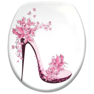 Sanilo WC-Sitz Schuh Design, Toilettendeckel aus Holz mit pinkem High Heel Motiv.