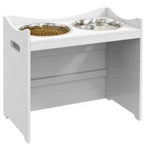 Höhenverstellbarer PawHut Futternapf mit zwei Edelstahlschalen (2L) in Weiß.