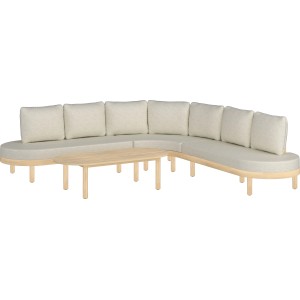 Modulare 4-teilige Gartenlounge Waldport aus Akazienholz mit beigen Kissen und Tisch.