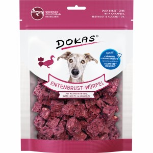 Dokas Entenbrust-Würfel mit Erbsen, Hunde-Belohnungssnack im wiederverschließbaren Beutel.