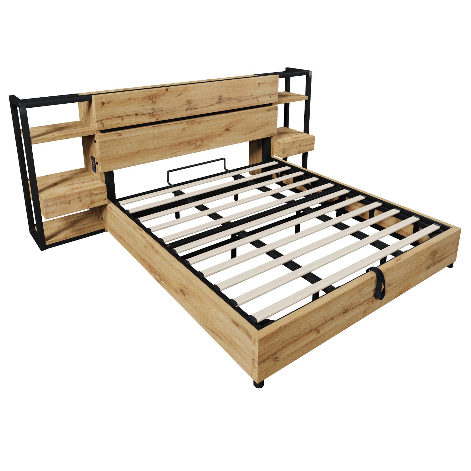 Merax Holzbett 180x200cm Hydraulik Stauraum USB-C Eiche
