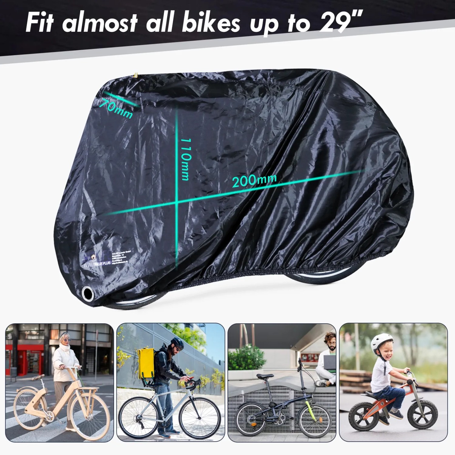 Schwarze CCLIFE Fahrradabdeckung aus Oxford-Gewebe, wasserdicht, mit Schlossösen. Zeigt Maße 200x110x70cm für Mountainbike & Rennrad.