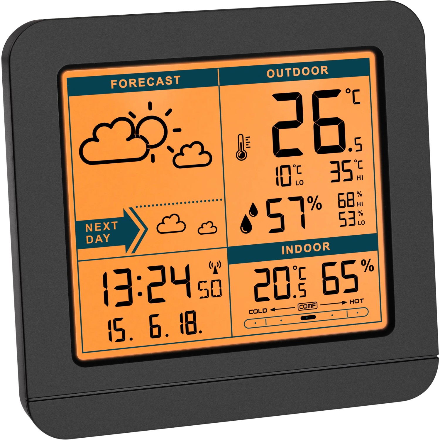 Schwarze TFA Funk-Wetterstation Sky mit Außensender zeigt Wettervorhersage, Innen- und Außentemperatur.
