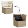 Beige Garten-Sofagarnitur aus Rattan mit Kissen und Stauraum, ideal für Terrasse und Garten.