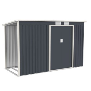Anthrazitfarbener Juskys Metall Geräteschuppen M mit seitlichem Holzunterstand.