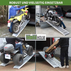 TRUTZHOLM Auffahrrampe klappbar mit Motorrad, Quad und Transportwagen auf Anhänger verladen.