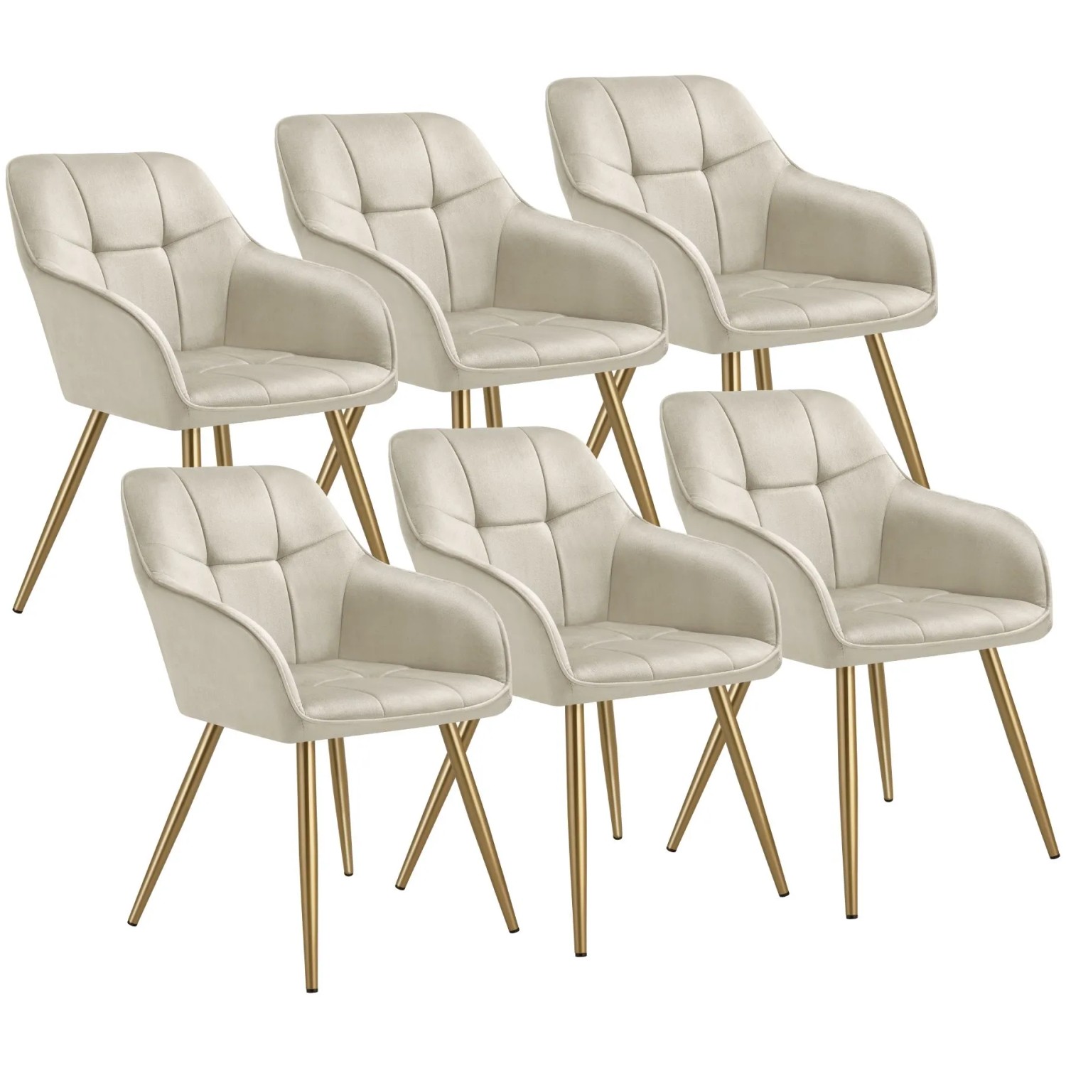 Tectake Esszimmerstuhl Marilyn Gepolstert  In Samtoptik  Gesteppt Durchgehende Lehne 6Er Set 62 x 58 x 82 cm Creme Gold