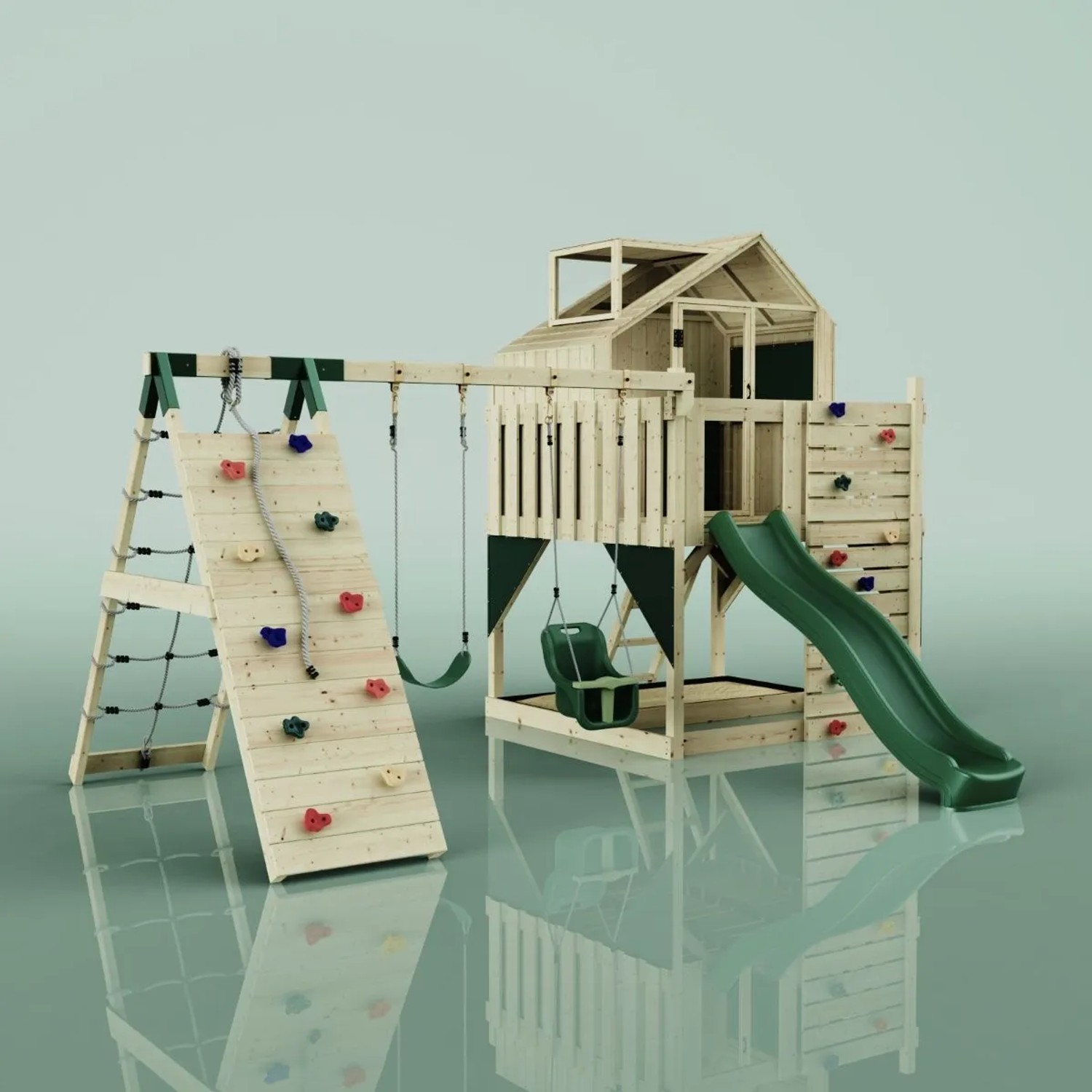 OutdoorToys Spielturm Oscar mit Rutsche, Kletterwand und Babyschaukel in Dunkelgrün.