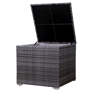 Graue SVITA Auflagenbox aus Polyrattan für Gartenmöbel (Lugano/California) mit geöffnetem Deckel.