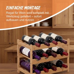 Bambus Weinregal Natur für 12 Flaschen, liegend gelagert, auf Holztisch in Küche. Stilvolle Weinlagerung.