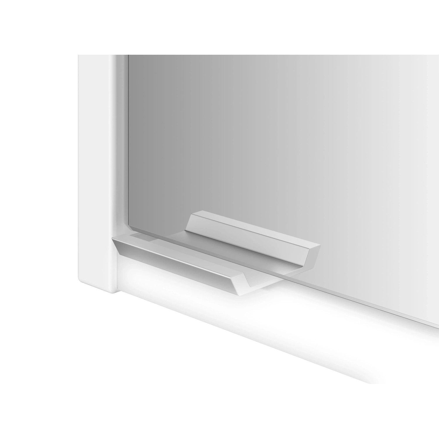 Detailaufnahme: Jokey Batu Spiegelschrank 100 cm, weiße Hochglanzoberfläche, Glasablage.