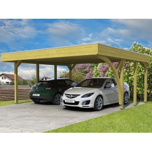 Skan Holz Doppelcarport Friesland Set 7, Holzkonstruktion mit zwei geparkten Autos.