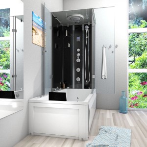 AcquaVapore Duschtempel: Whirlpool-Dusche-Kombination 180x90 mit schwarzer Rückwand und Regendusche.