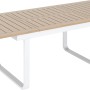 Ausziehbarer Esstisch der 7-teiligen Esstischgruppe Butterfield mit Holzoptik und weißem Aluminiumgestell.