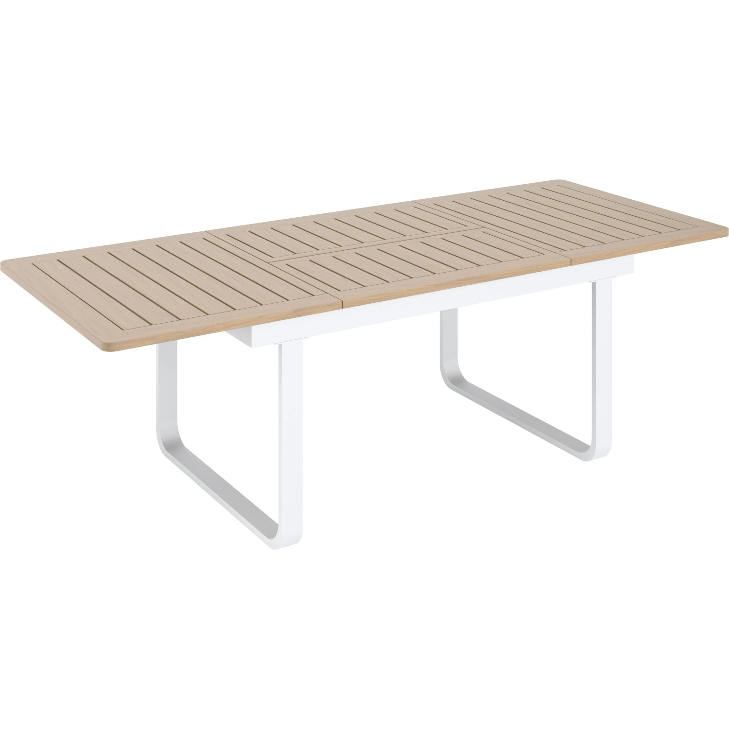 Ausziehbarer Esstisch der 7-teiligen Esstischgruppe Butterfield mit Holzoptik und weißem Aluminiumgestell.