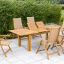 7-teiliges Gartenmöbel-Set Capri mit Doppelausziehtisch aus Akazienholz und Polyrattan-Sesseln.