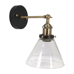 PR Home Lambda Wandleuchte mit klarem Glas und Metall in Schwarz/Messing. Skandinavisches Design.