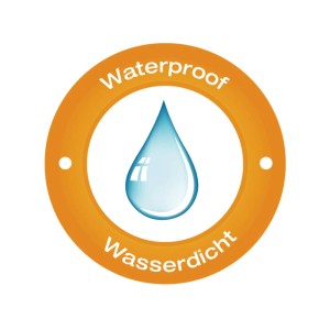 Symbol für Wasserdichtigkeit des Duschvorhangs: orangefarbener Kreis mit blauem Wassertropfen und Schriftzug.