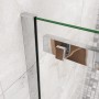 Detailansicht der Duschparadies Nischentür: verchromter Rahmen, 6mm Sicherheitsglas und glänzender Griff.