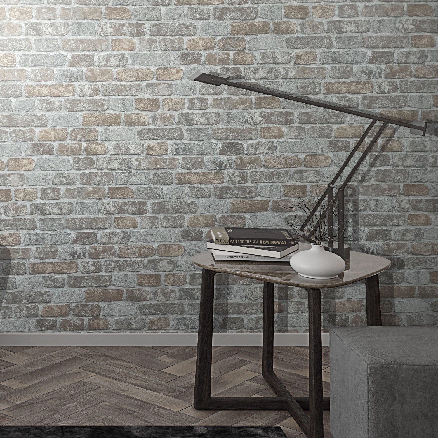 Marburg Vliestapete Imagine in Greige mit Stein- und Holzoptik für Wandgestaltung.