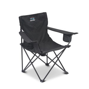 Schwarzer Westline Campingstuhl Travel Chair mit Armlehnen und Getränkehalter für Angelausflüge.